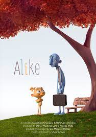 Poster for movie Alike - cartoon image of yellow child and blue adult