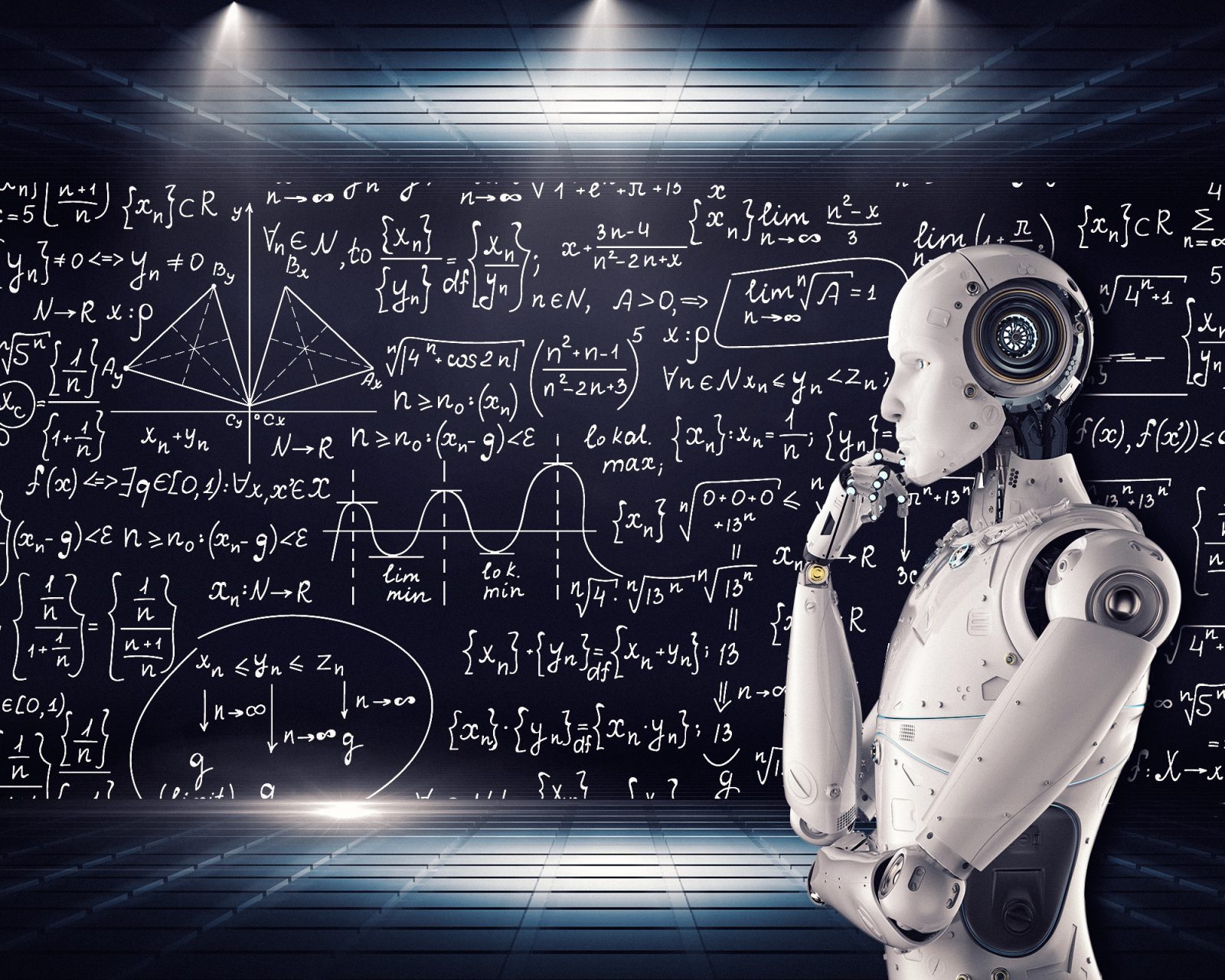 Robot looking at a chalkboard covered in mathematical equations