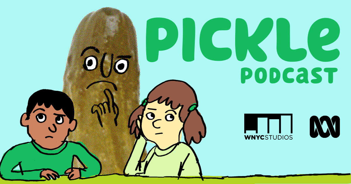 Logo for Pickle Podcast. Cartoon of big pickle and a boy and girl thinking.