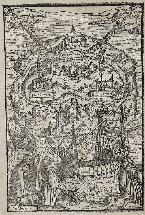 Black and white woodcut print of a map of Thomas More's "Utopia" featuring large ship sailing around the edges of the island. On the island, there are several 16th-century buildings. In the lower corners of the image, two men dressed in 16th-century clothes talk to one another.
