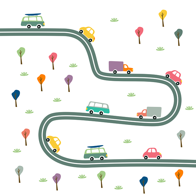 simple drawing of cars and trucks on windy road