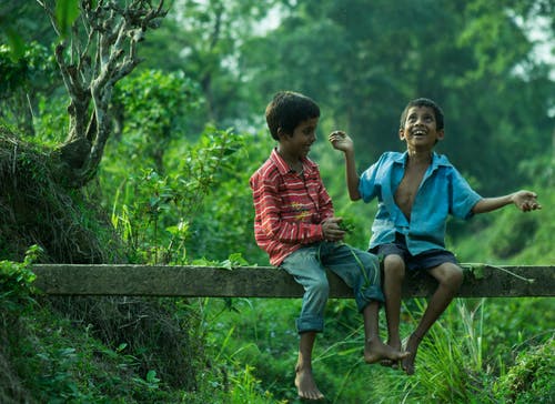 two boys sitting in forest on a wooden beam